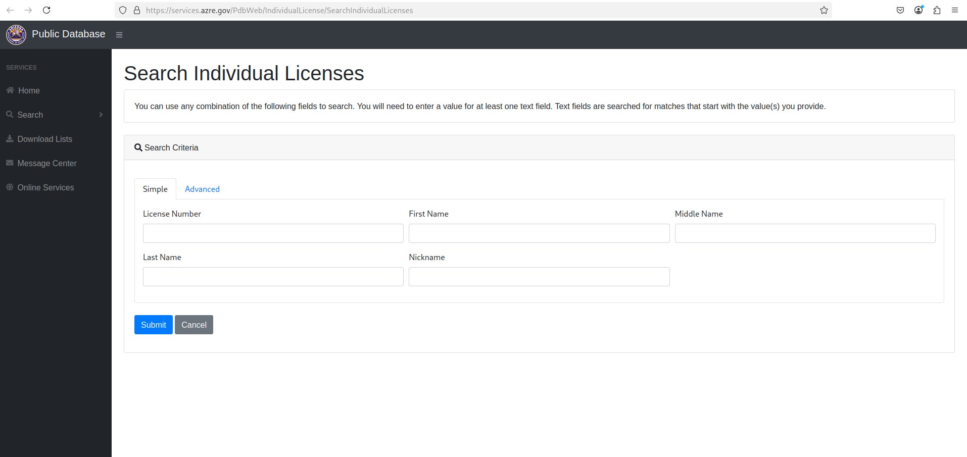 individual licenses search form